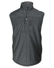 Engineered workwear vest with wind-blocking softshell panels