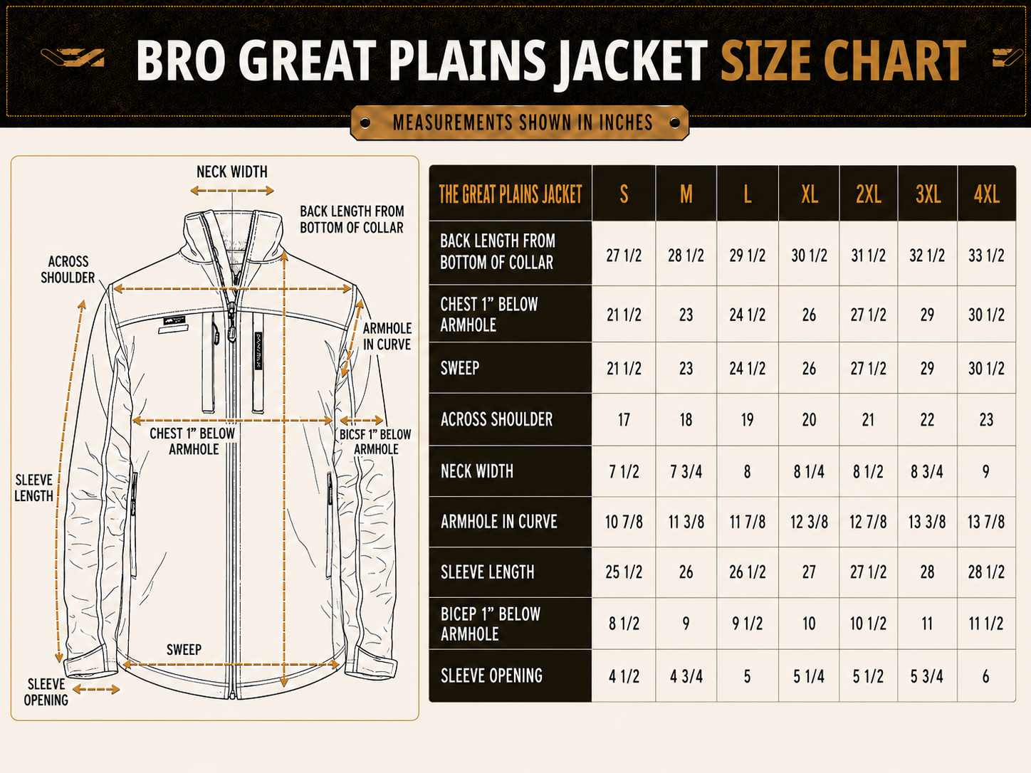 Size chart for Great Plains BROFLEX™ Softshell Jacket
