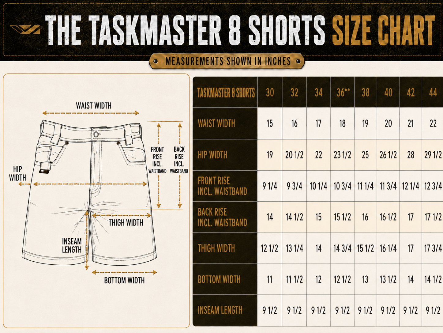 Size chart for BRO BisonHide RangeFlex™ TaskMaster 8™ Work Shorts