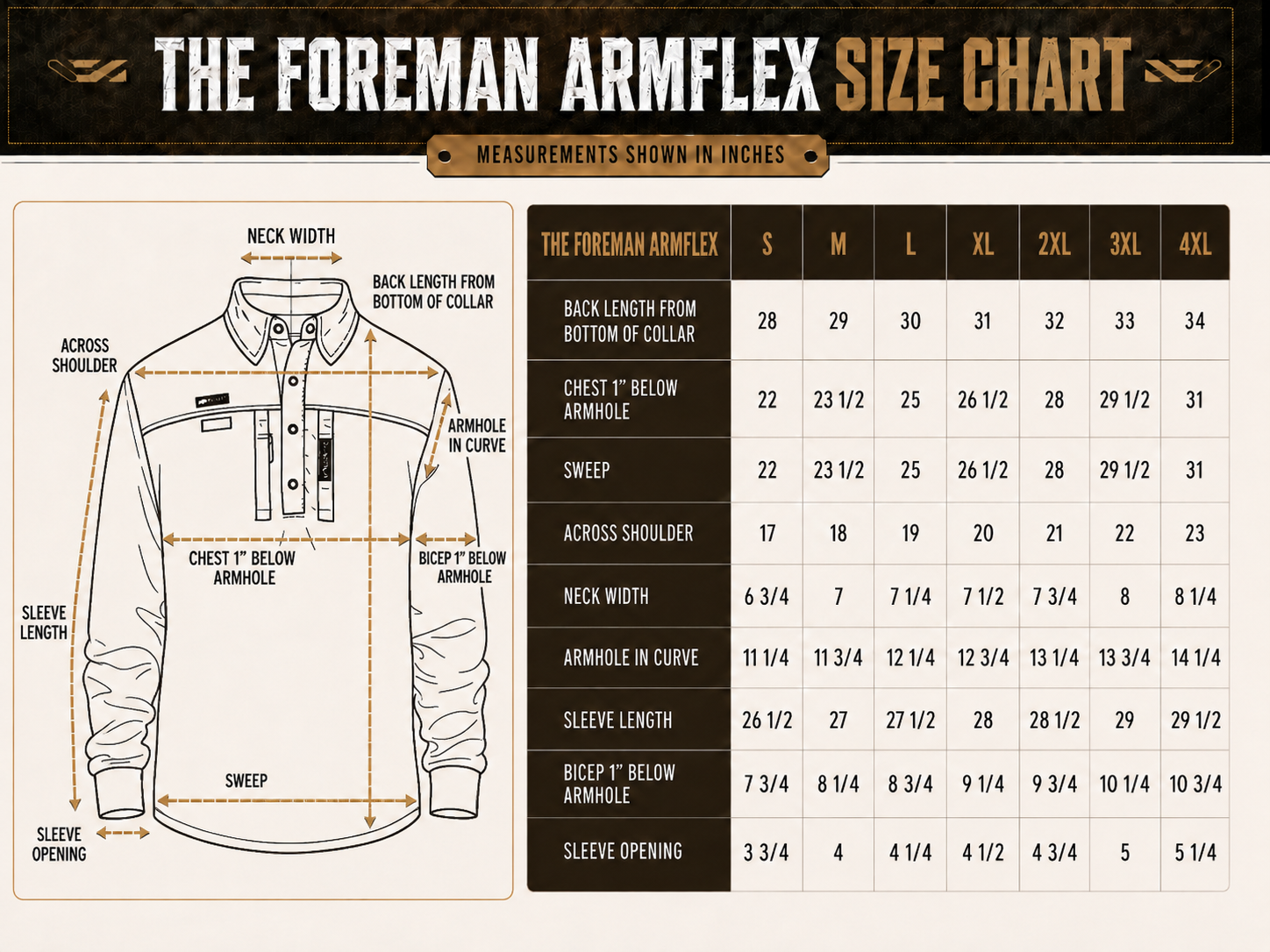 Size chart for The FOREMAN ArmFlex™ Summerweight Long Sleeve Work Shirt