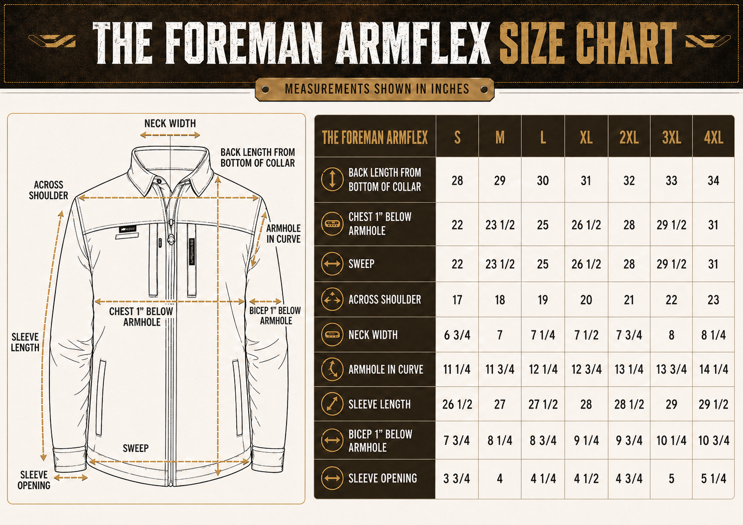 Size chart for The FOREMAN ArmFlex™ Midweight Shirt