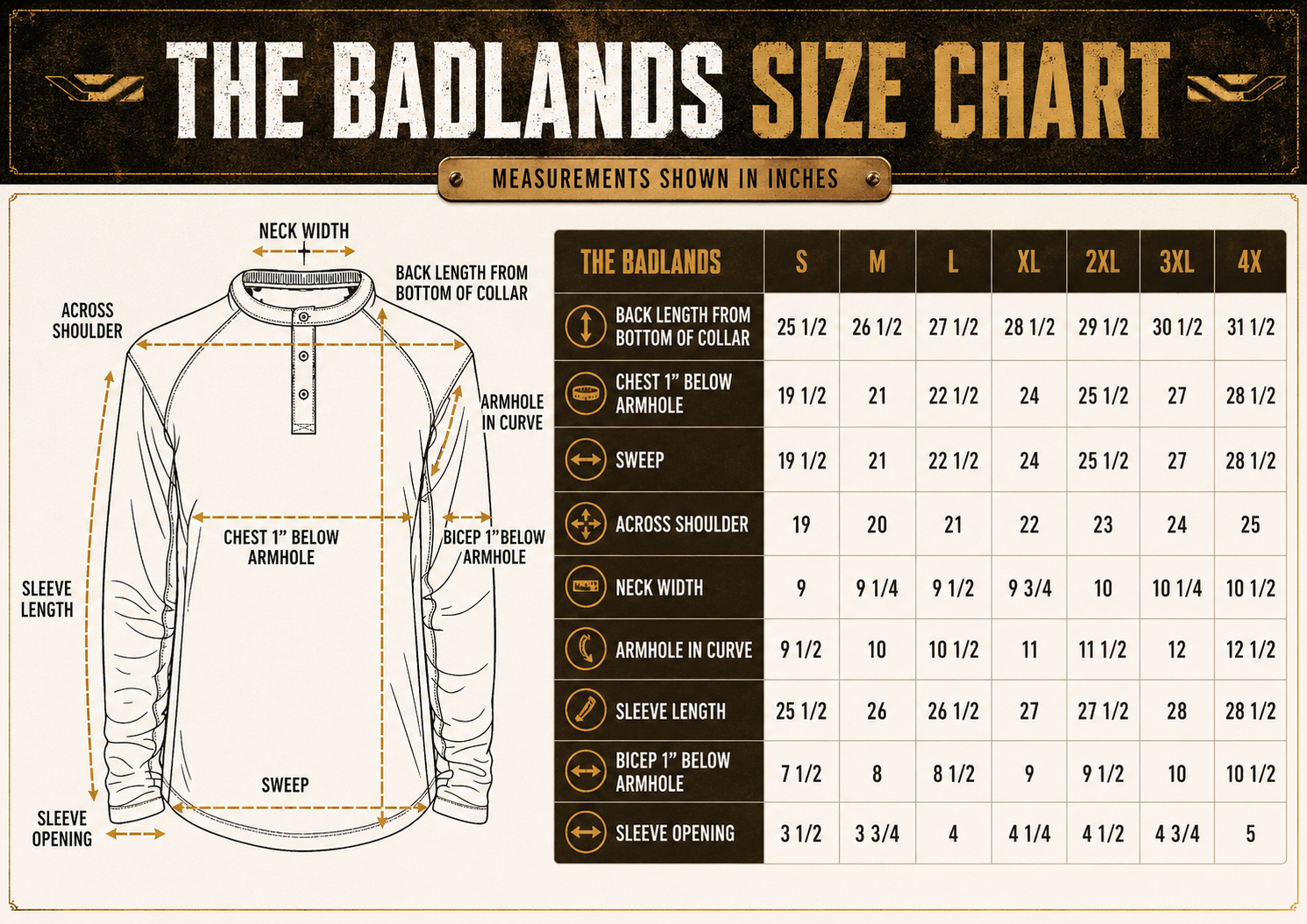 Size chart for Badlands BROFLEX™ Work Henley - Black/Grey