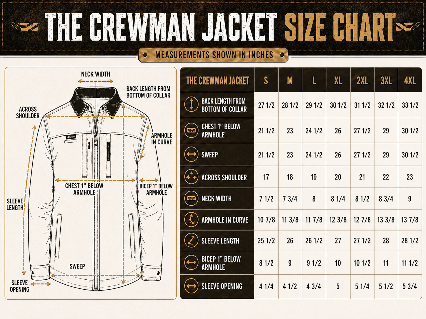 Size chart for Crewman Jacket