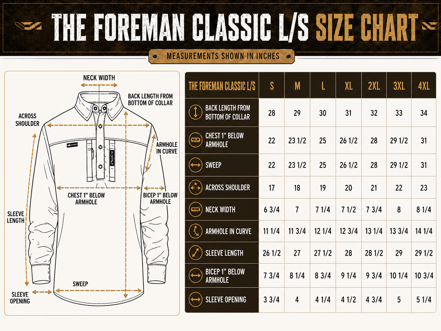Size chart for The FOREMAN Classic Button Cuff Summerweight Shirt