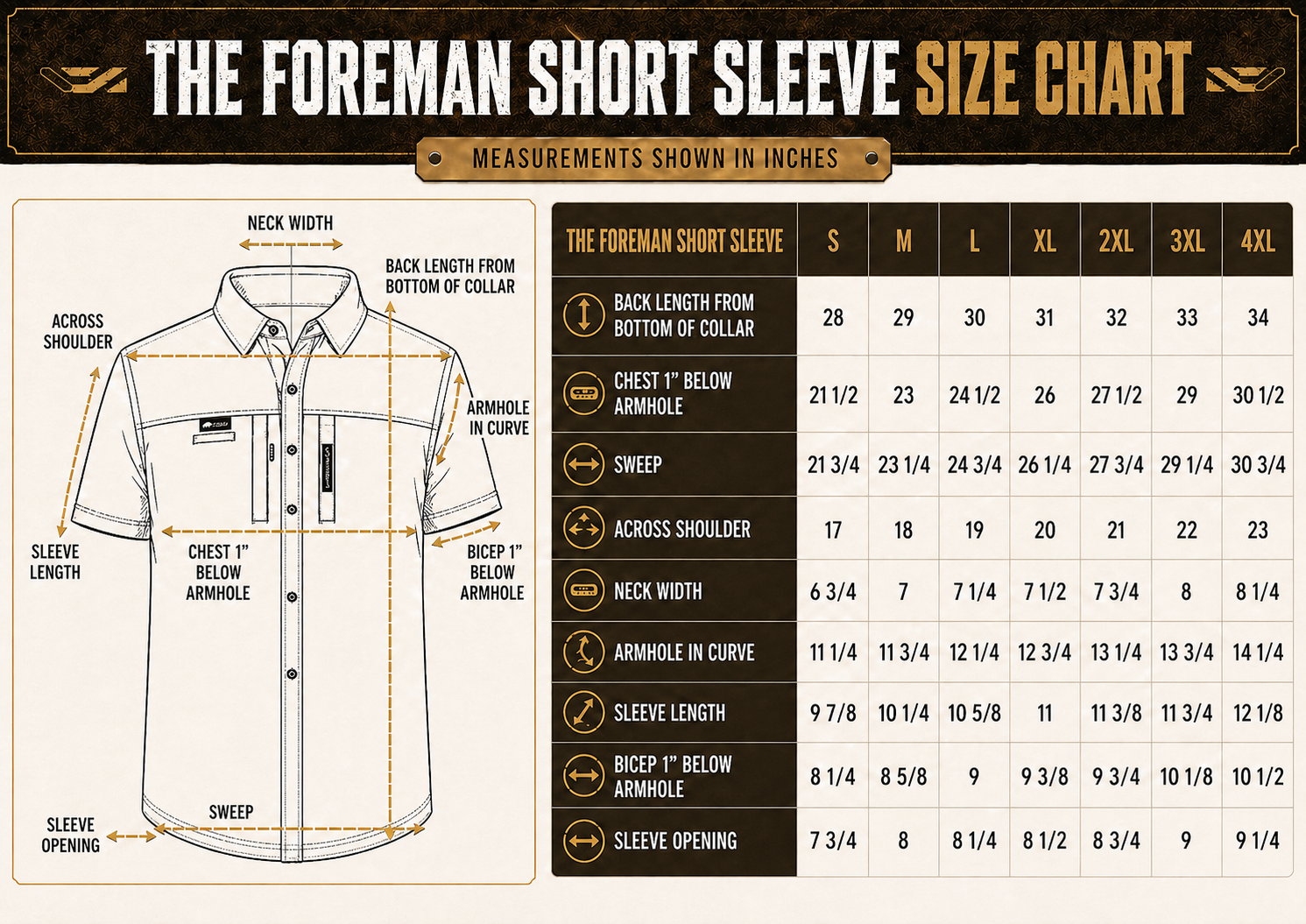 Size chart for The FOREMAN Short Sleeve Cotton Duck Shirt