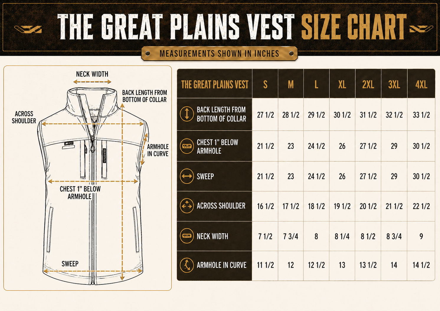 Size chart for Great Plains BROFLEX™ Softshell Vest