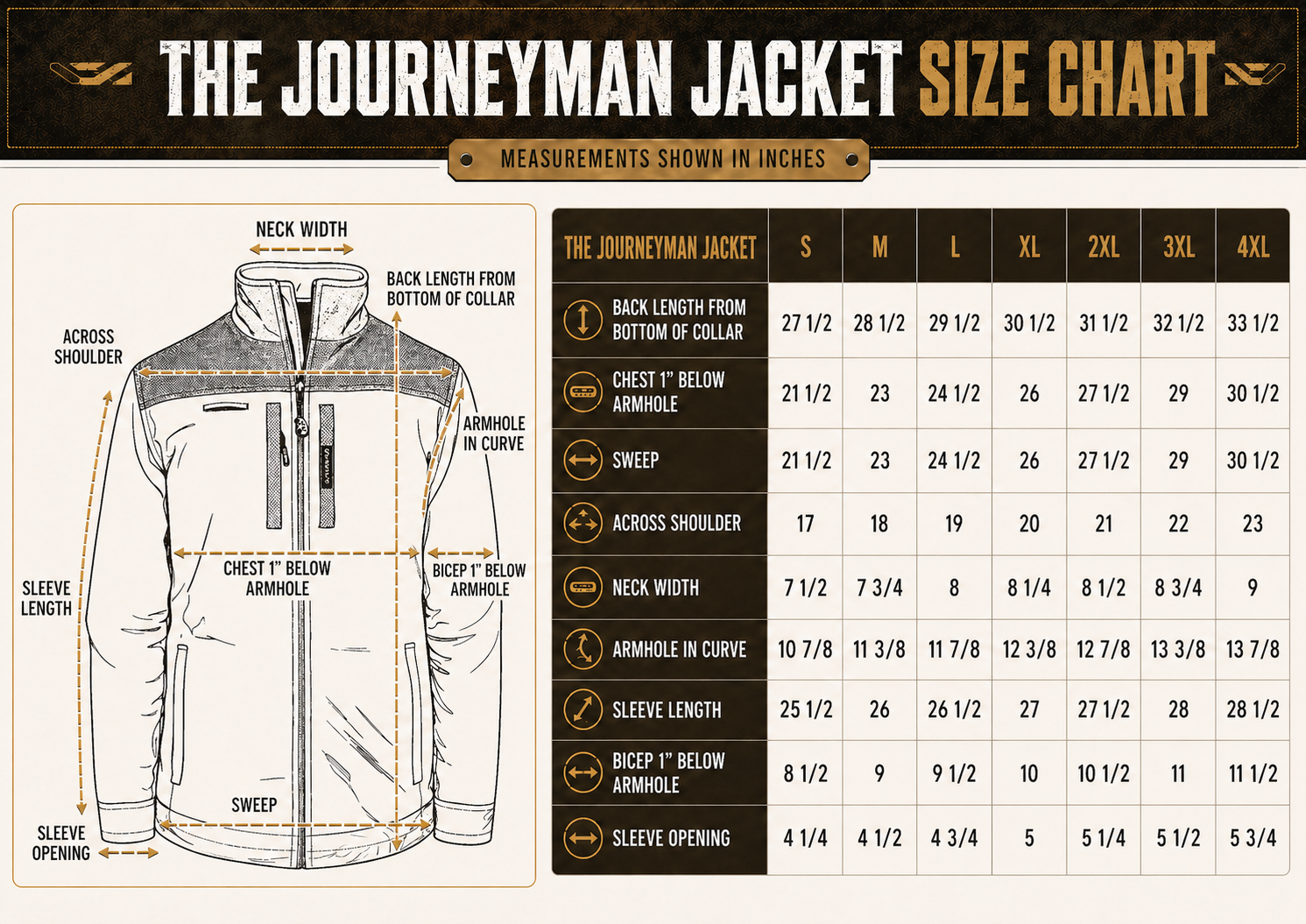 Size chart for BRO JOURNEYMAN EDGE™-TECH JACKET w/ CHARGE INSULATION
