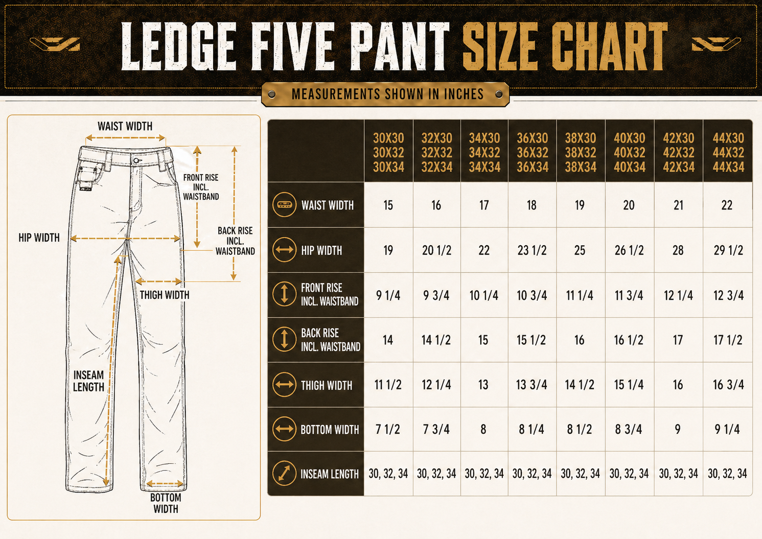 Size chart for BisonHide RangeFlex™ Ledge Five™ Pants