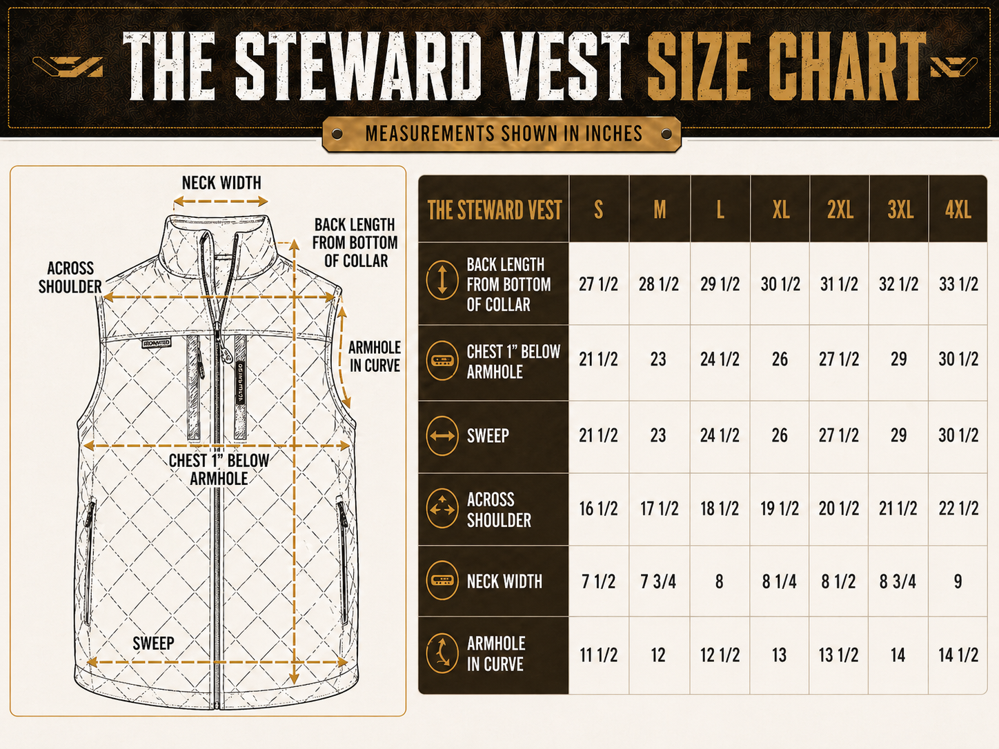 Size chart for Steward Diamond-Quilted Vest