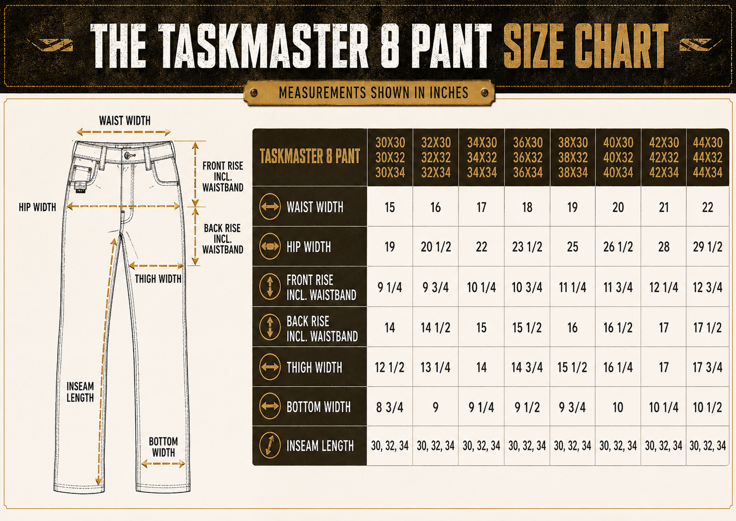 Size chart for BisonHide RangeFlex™ Taskmaster 8™ Pants