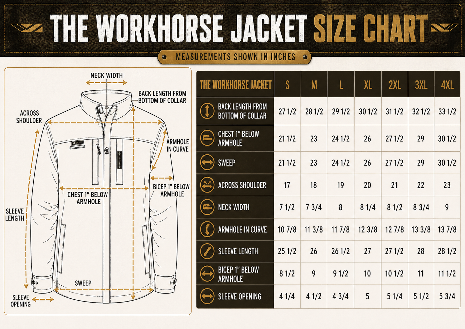 Size chart for BRO WORKHORSE W/ QUIKSTASH™ JACKET