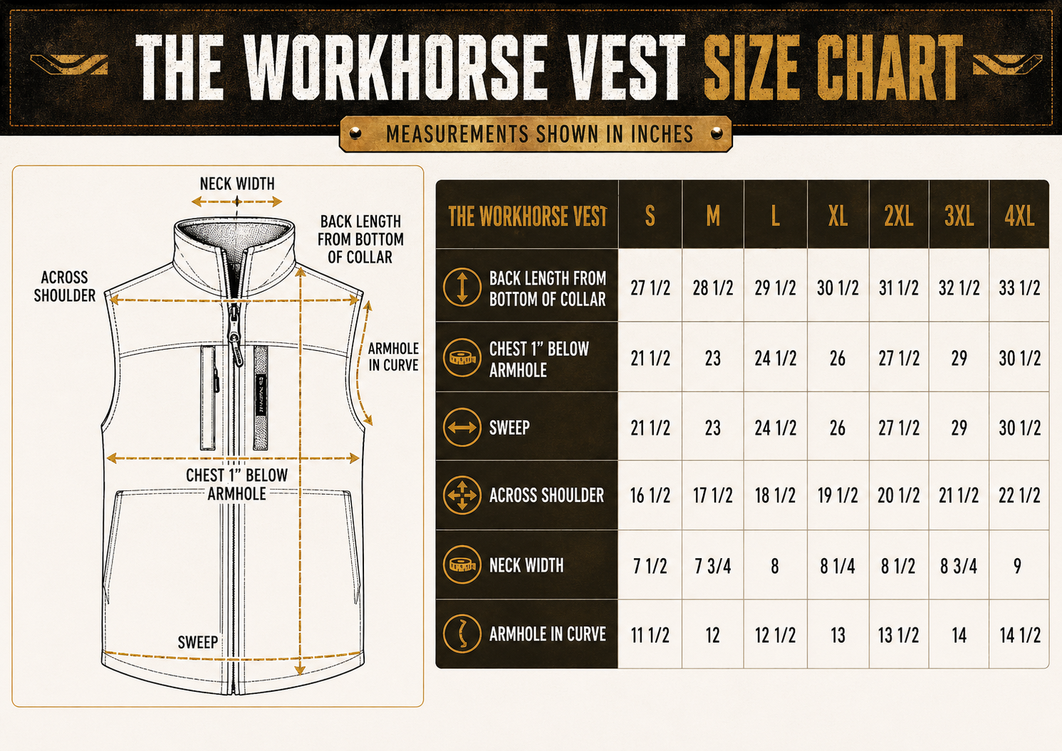 Size chart for Workhorse Vest with QuikStash™ & Charge™ Insulation