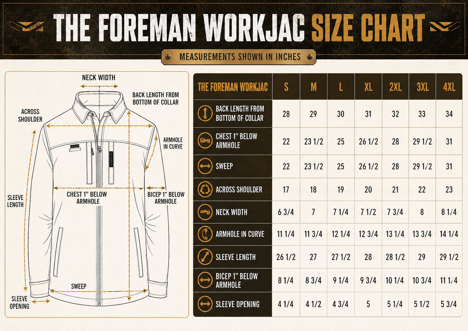 Size chart for The FOREMAN WorkJac™ Heavyweight Body-Mapped Pullover