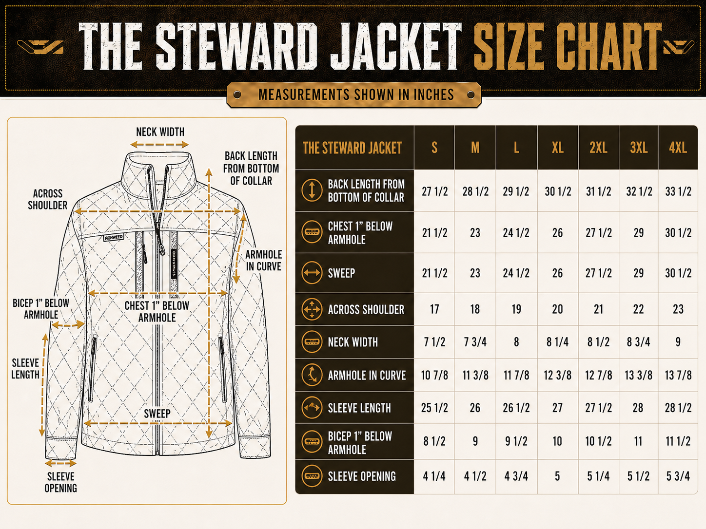 Size chart for BRO STEWARD DIAMOND-QUILTED JACKET