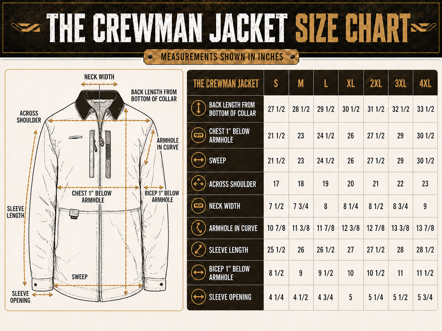 Size chart for Crewman™ RangeFlex™ Work Jacket