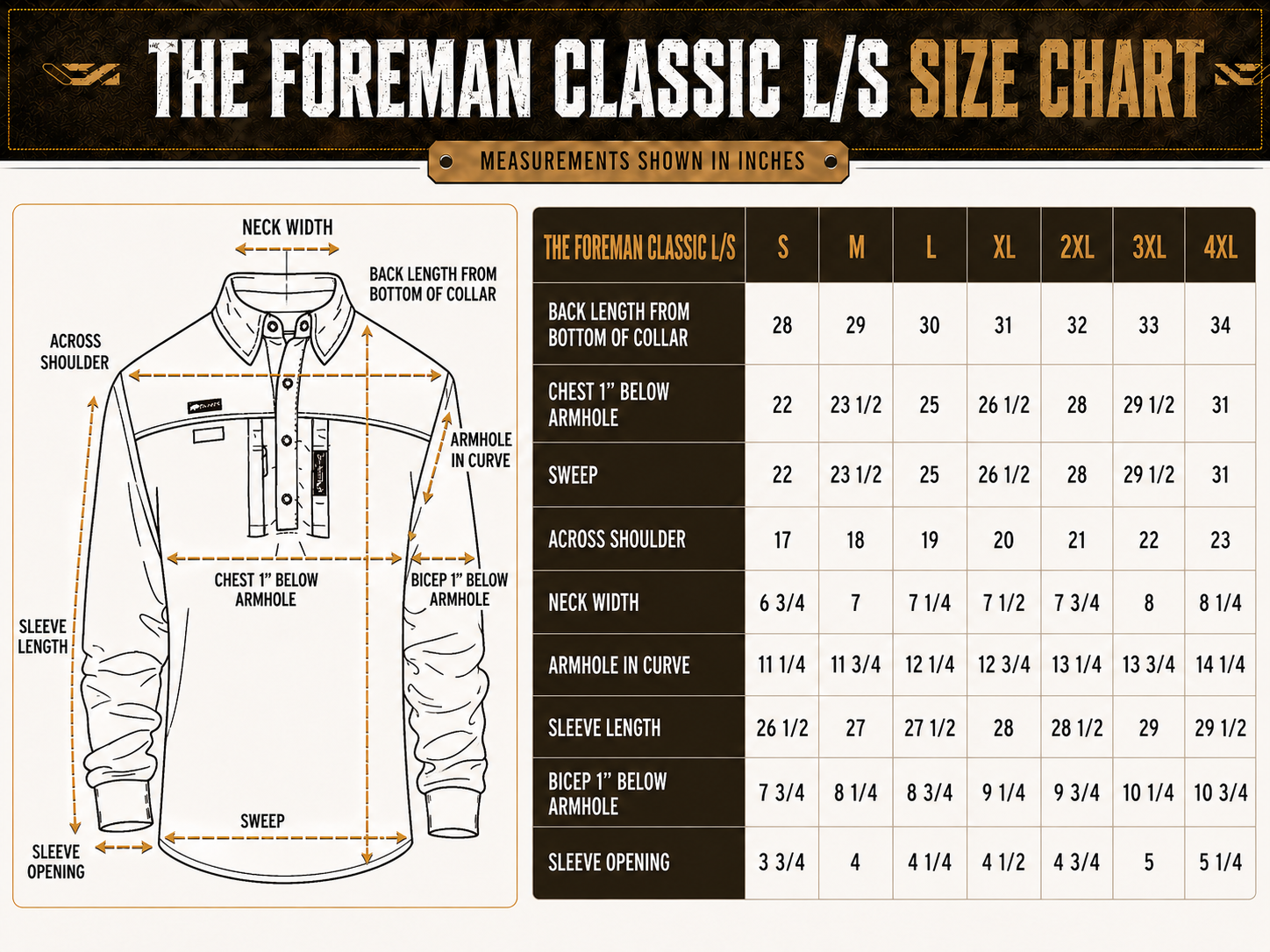 Size chart for The FOREMAN Classic Button Cuff Cotton Duck Work Shirt