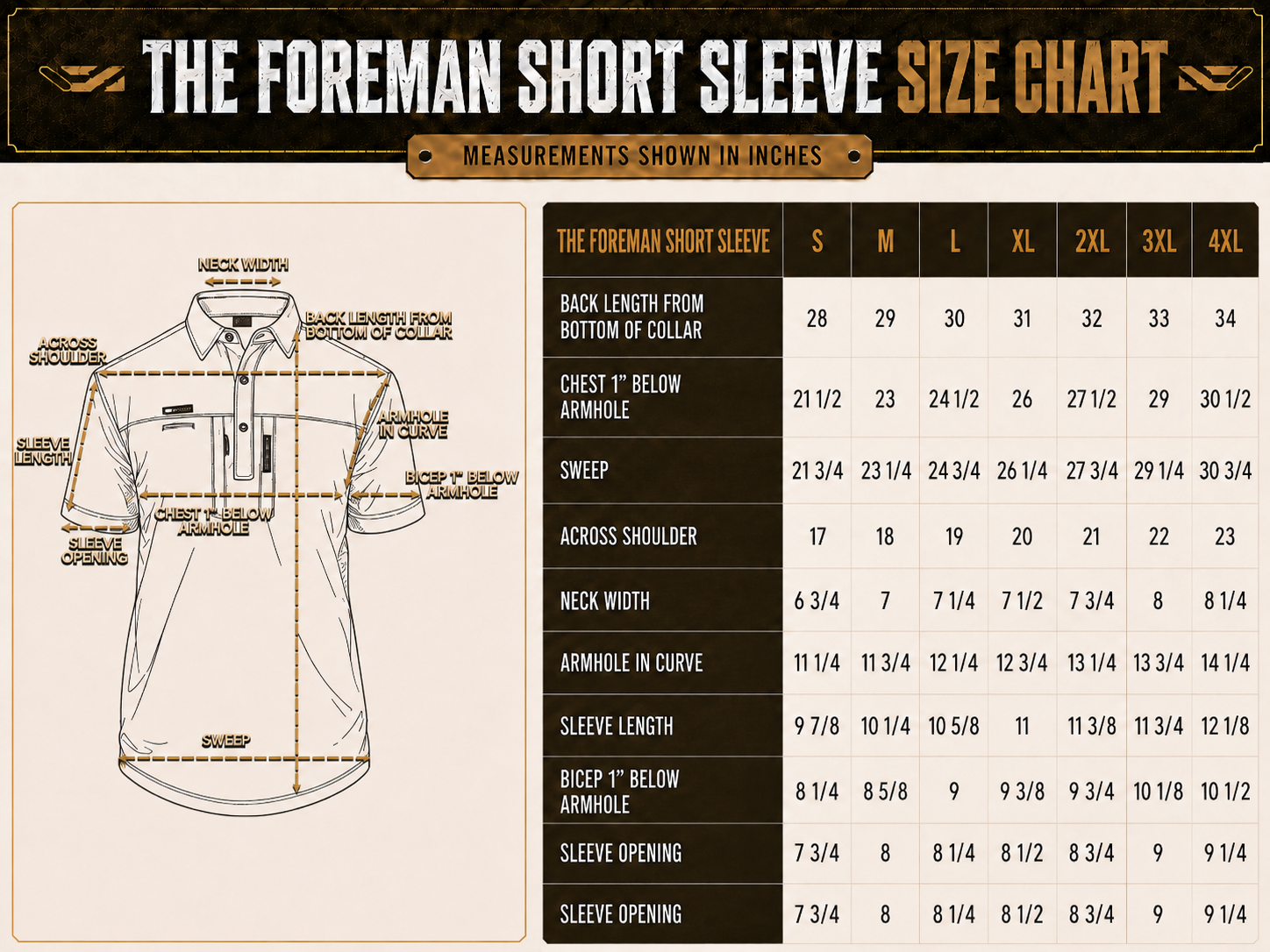 Size chart for The FOREMAN Short Sleeve FieldWeave™ Summerweight Work Shirt