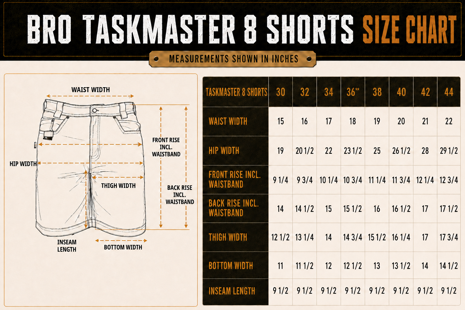Size chart for BRO BisonHide RangeFlex™ TaskMaster 8™ Work Shorts