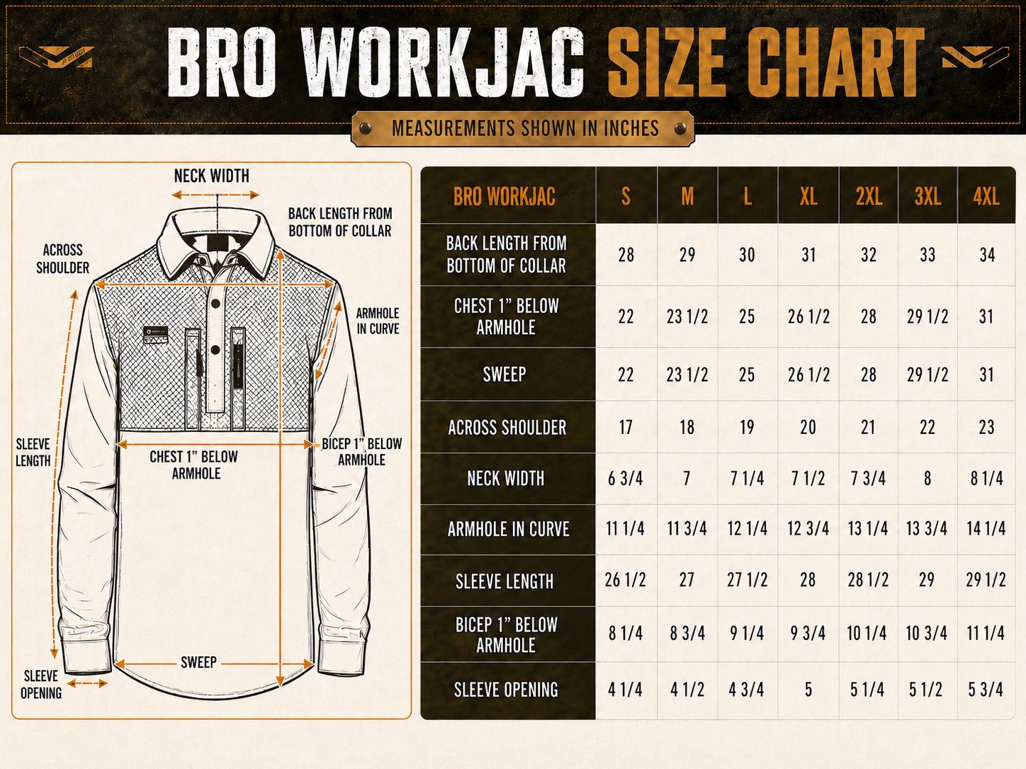 Size chart for The FOREMAN WorkJac™ Heavyweight Body-Mapped Work Pullover