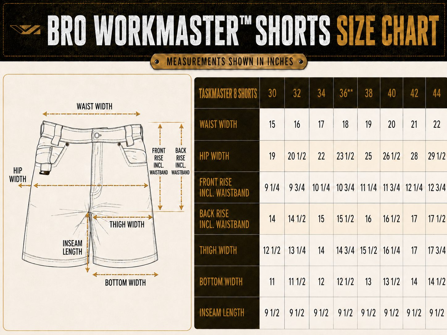 Size chart for BRO BisonHide RangeFlex™ WorkMaster™ Work Shorts